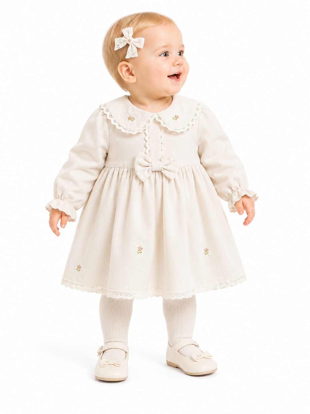 ÇİÇEK NAKIŞLI BEBE ELBİSE - Bej