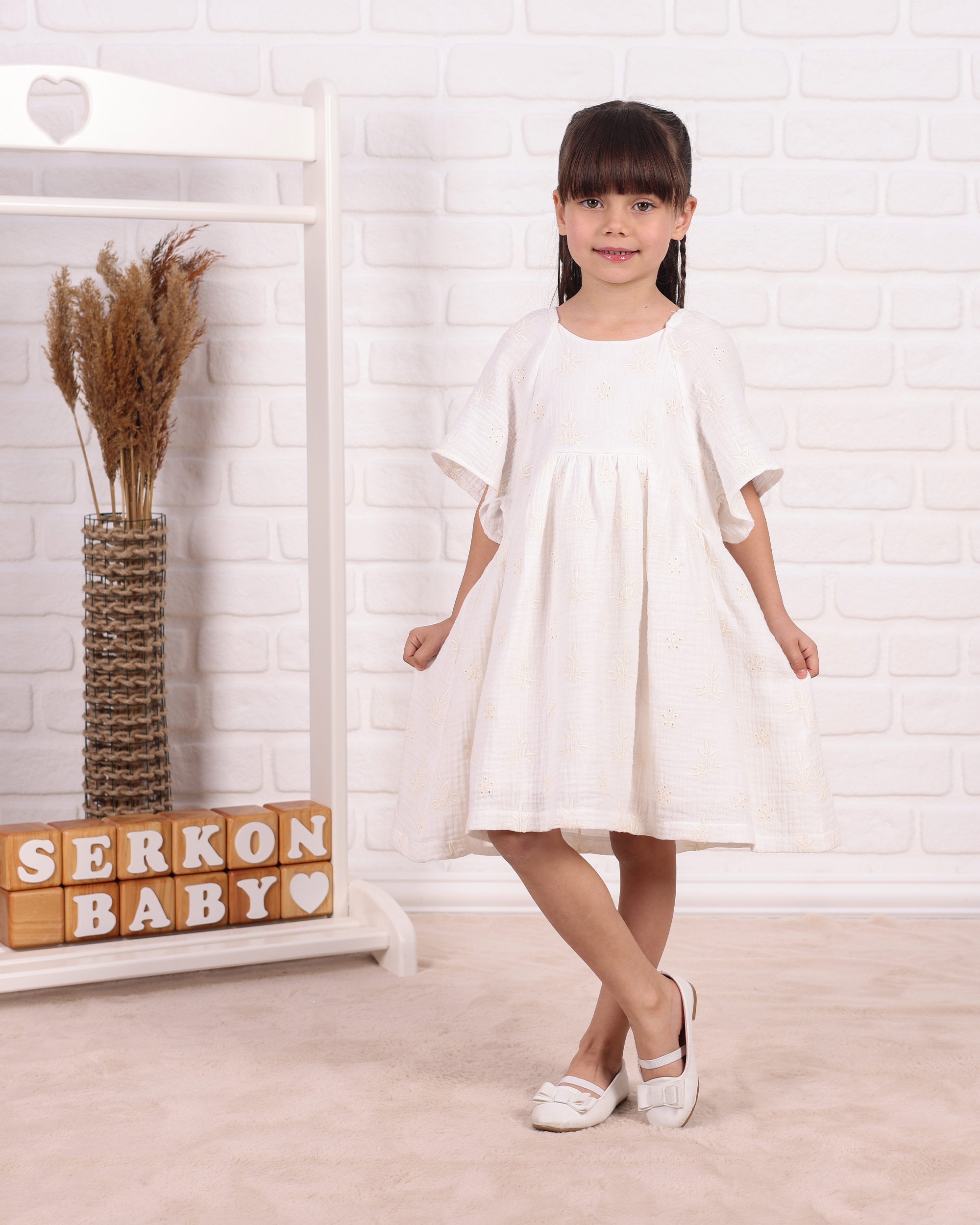 BRODE NAKIŞLI MÜSLİN ELBİ - Beyaz