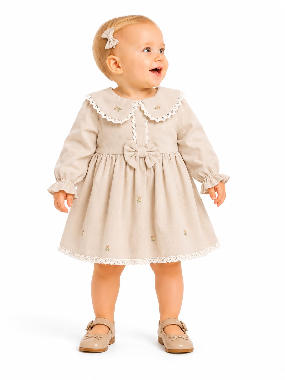 ÇİÇEK NAKIŞLI BEBE ELBİSE - Kahve
