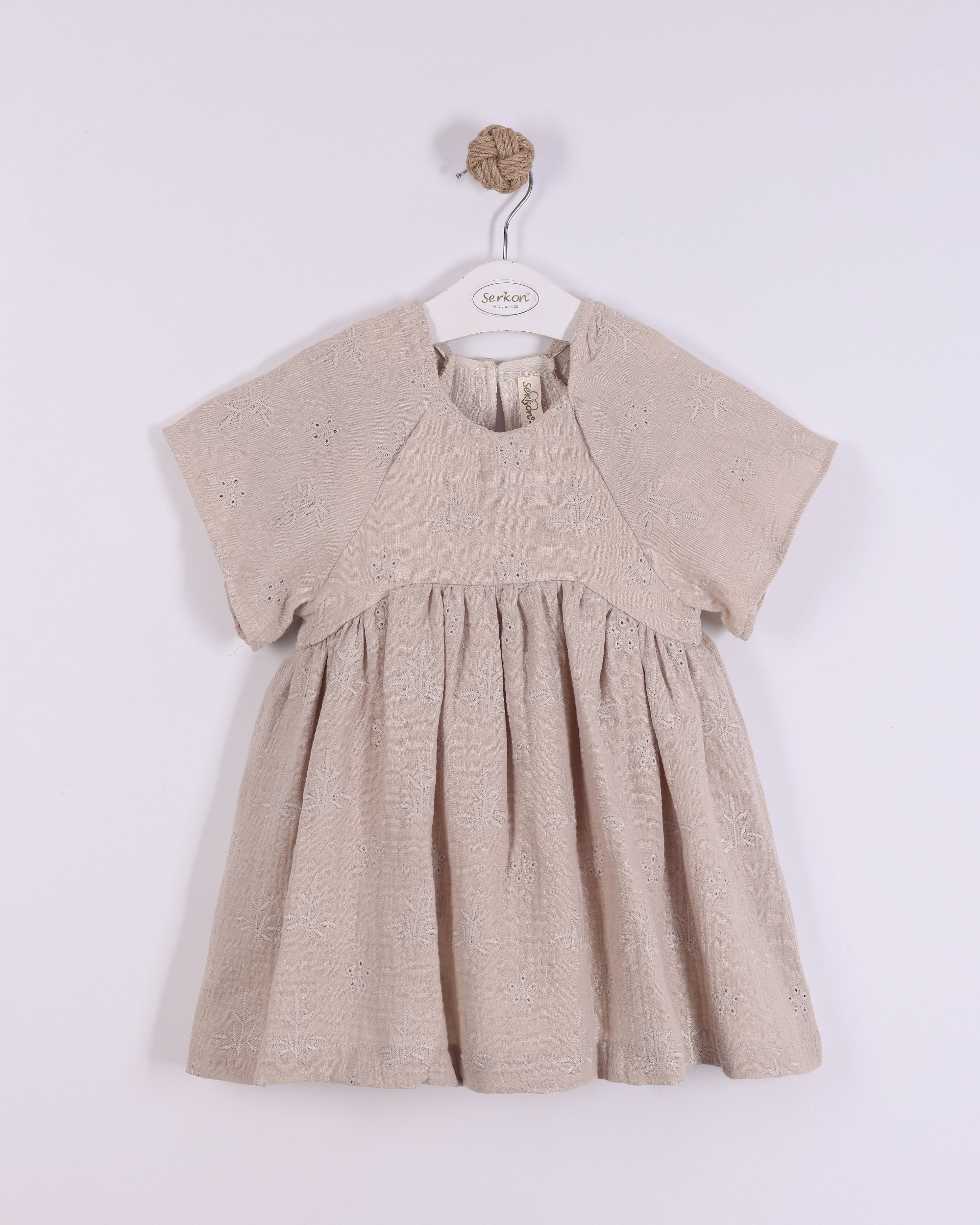 BRODELİ NAKIŞLI MÜSLİN ELBİSE - Kahve